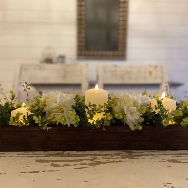 Wooden Trough with Candles and Leaves