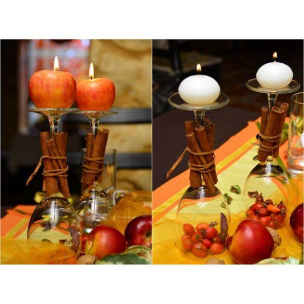 Apples and Cinnamon Sticks in Glass Vases