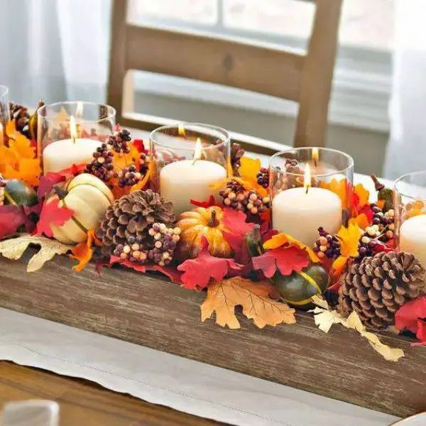 Burgundy Leaves and Pinecones Centerpiec