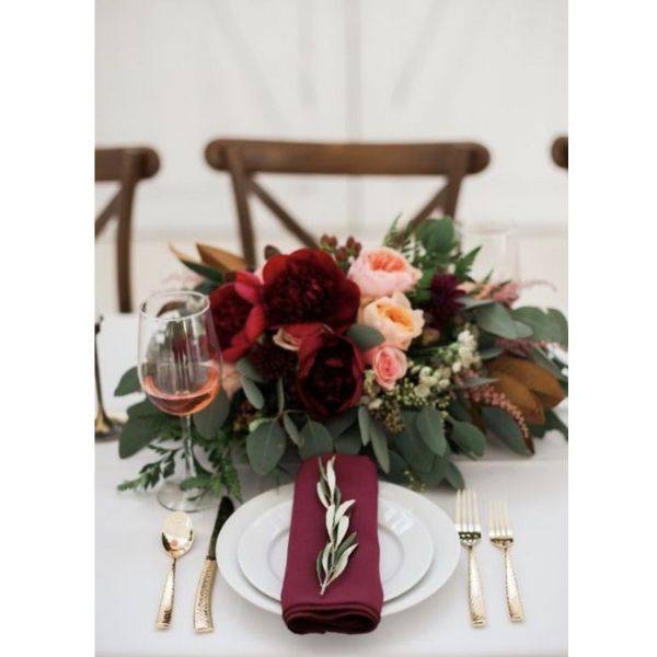Burgundy Napkins with Simple Greenery