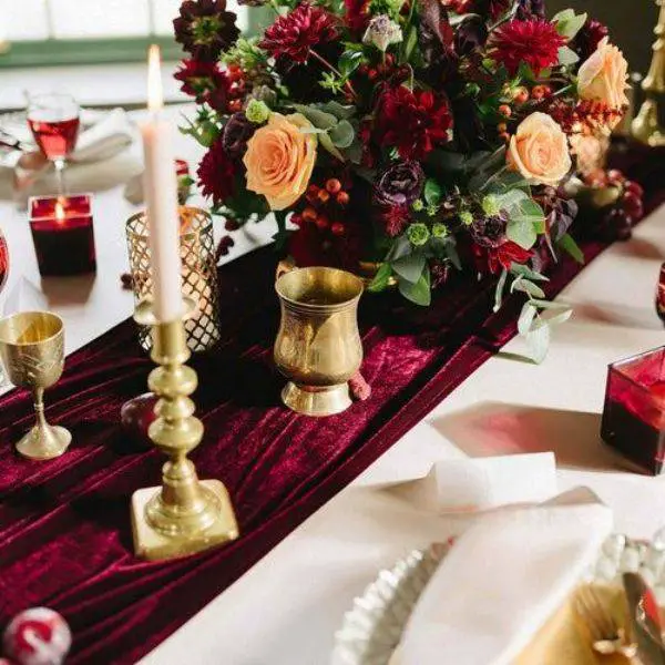 Burgundy Velvet Table Runner with Candles