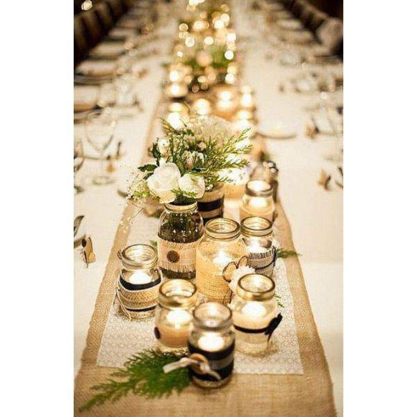 Burlap and Lace Runner with Mason Jars