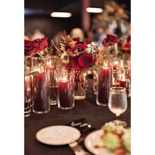 Glass Vases Filled with Burgundy Candles