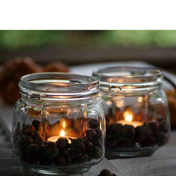 Mason Jar with Acorns and Tea Lights