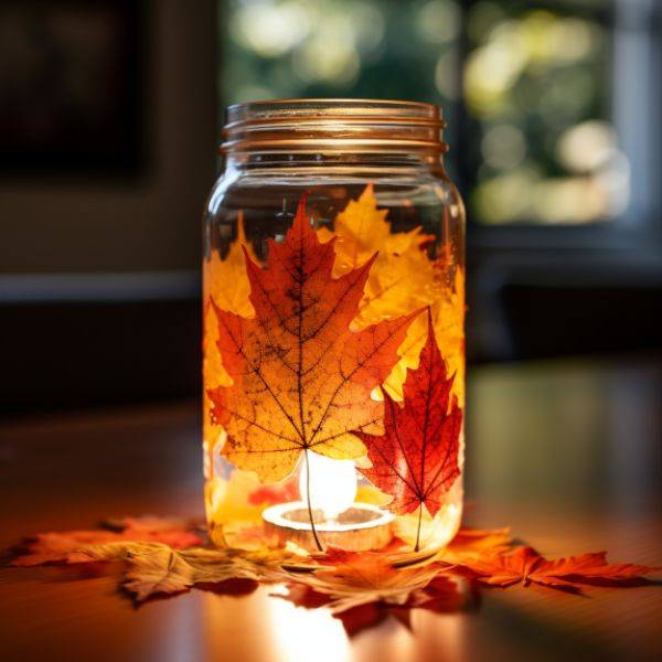 Mason Jar with Autumn Leaves and Candle