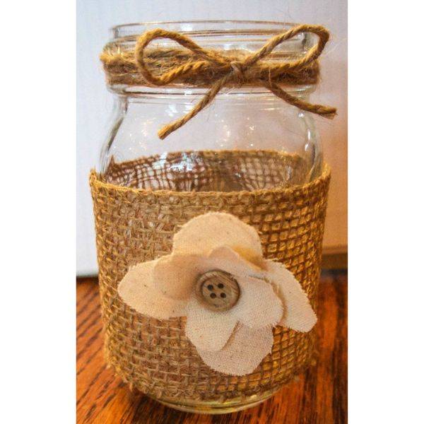 Rustic Mason Jar with Burlap and Button Accents