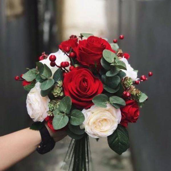 . Rich Red Rose and Eucalyptus Bouquet