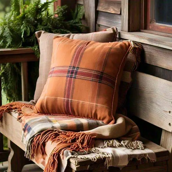 Farmhouse Bench with Plaid Throw